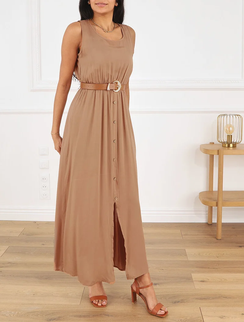 Ärmelloses, durchgeknöpftes, einfarbiges langes Kleid - Beige