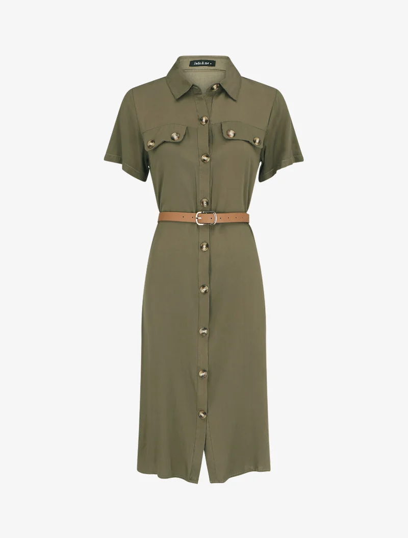 Gerade geschnittenes, knielanges Hemdkleid mit kurzen Ärmeln. - Kaki