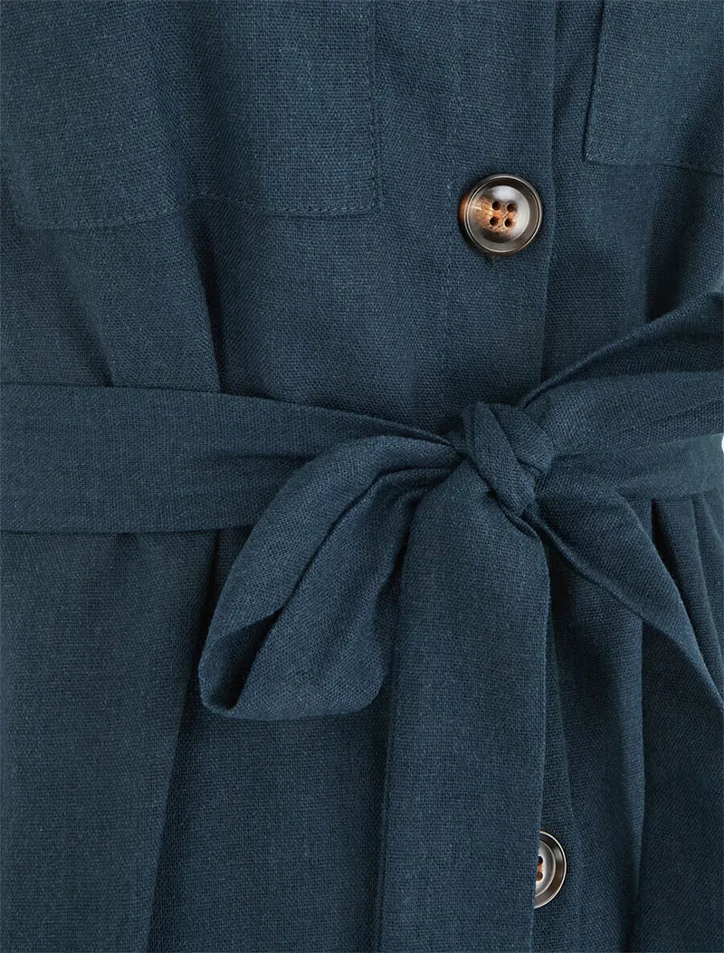 Ausgestelltes Kleid mit Knöpfen und Taschen - Petrolblau