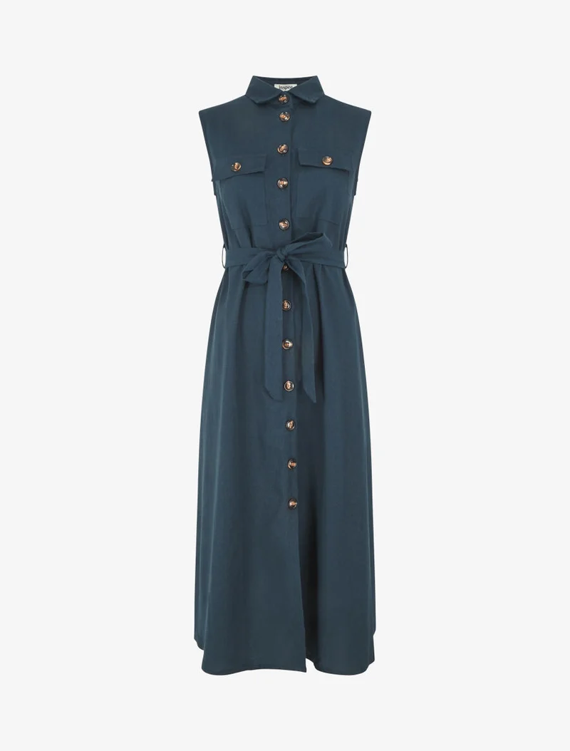 Ausgestelltes Kleid mit Knöpfen und Taschen - Petrolblau