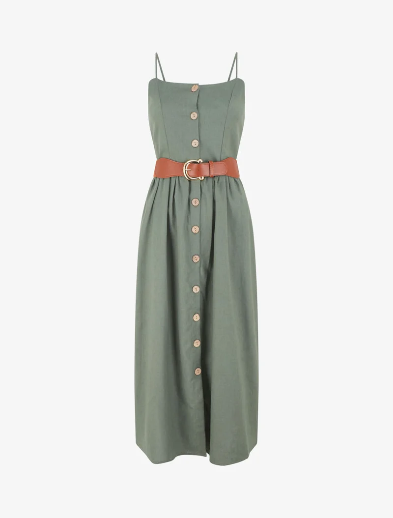Einfarbiges Kleid in Leinenoptik - Kaki
