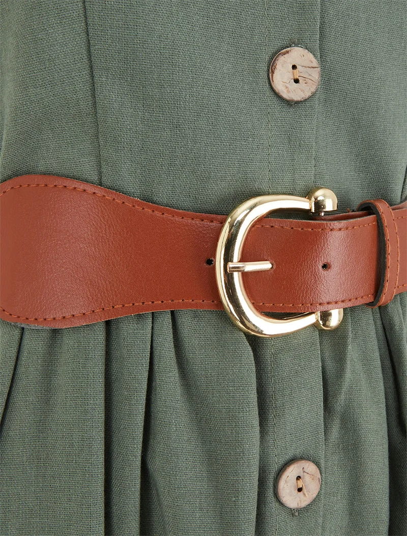 Einfarbiges Kleid in Leinenoptik - Kaki