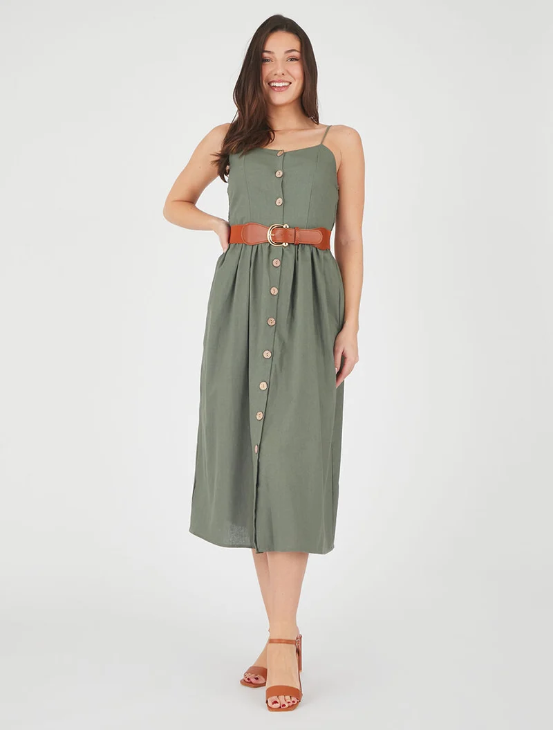 Einfarbiges Kleid in Leinenoptik - Kaki