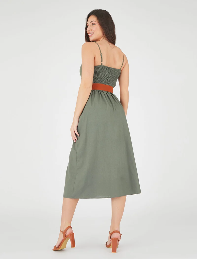 Einfarbiges Kleid in Leinenoptik - Kaki