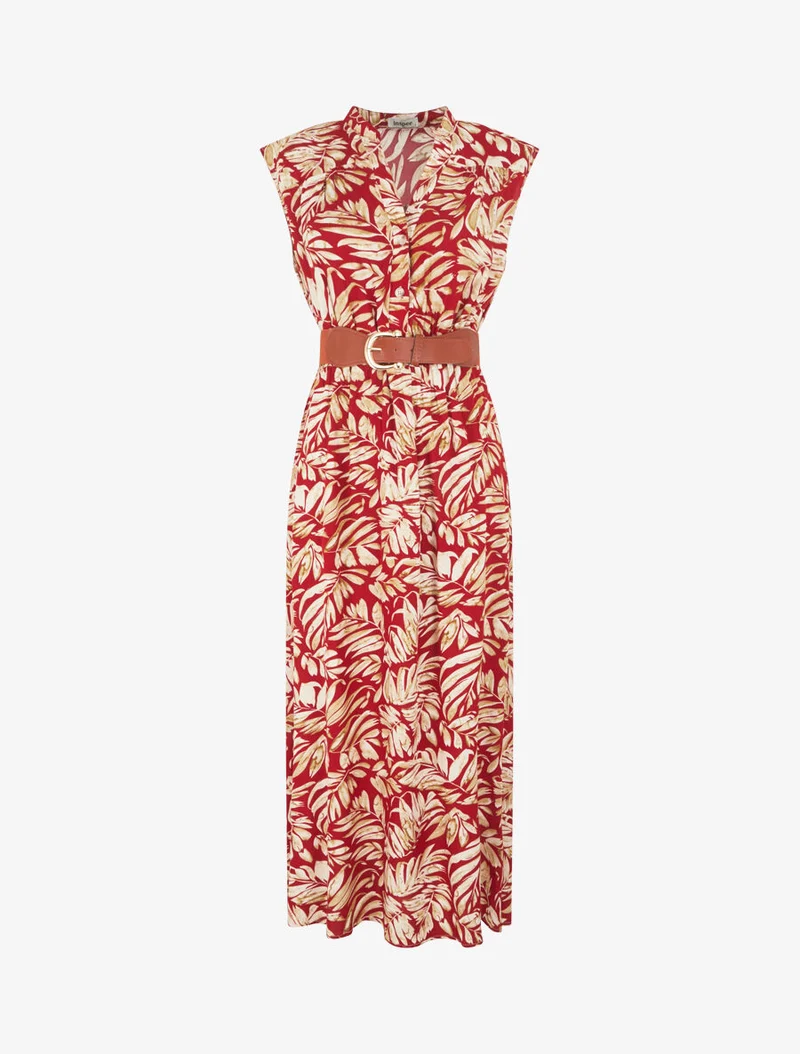 Ausgestelltes Kleid mit pflanzlichem Druck und Knöpfen - Rot