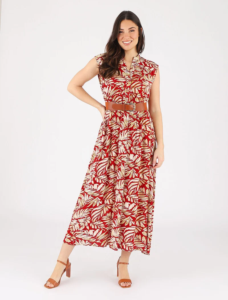 Ausgestelltes Kleid mit pflanzlichem Druck und Knöpfen - Rot