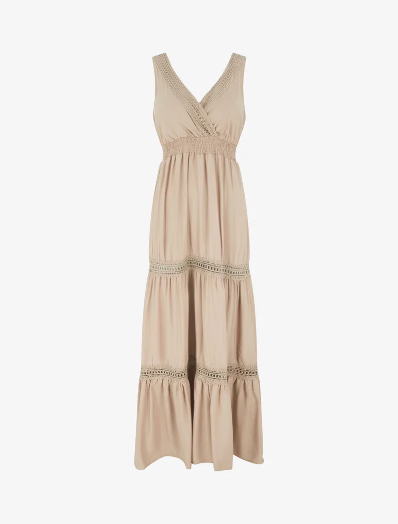 Langes, einfarbiges, durchbrochenes Kleid - Beige