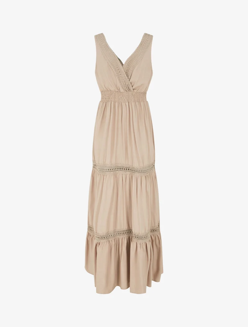 Langes, einfarbiges, durchbrochenes Kleid - Beige