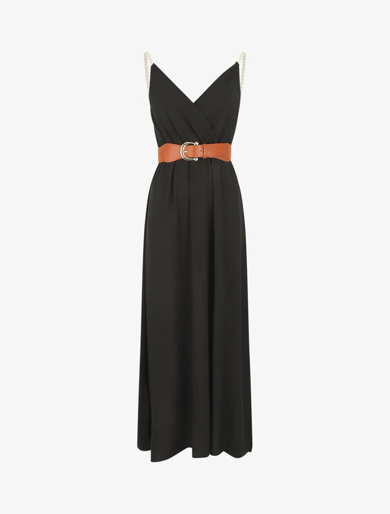 Langes unifarbenes Kleid mit fantasievollen Trägern - Schwarz