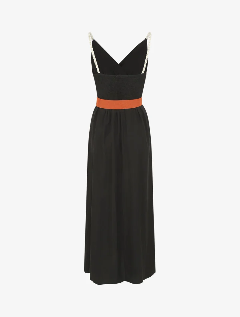Langes unifarbenes Kleid mit fantasievollen Trägern - Schwarz