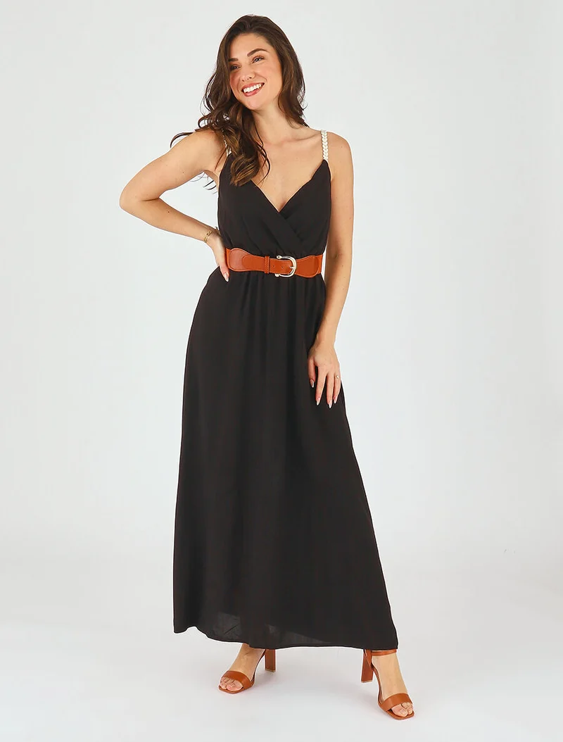 Langes unifarbenes Kleid mit fantasievollen Trägern - Schwarz
