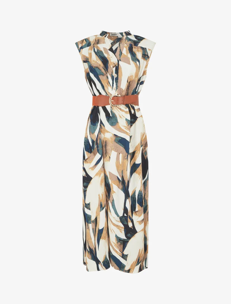 Ausgestelltes Kleid mit abstraktem Print und Knöpfen - Entenblau