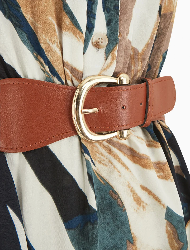 Ausgestelltes Kleid mit abstraktem Print und Knöpfen - Entenblau