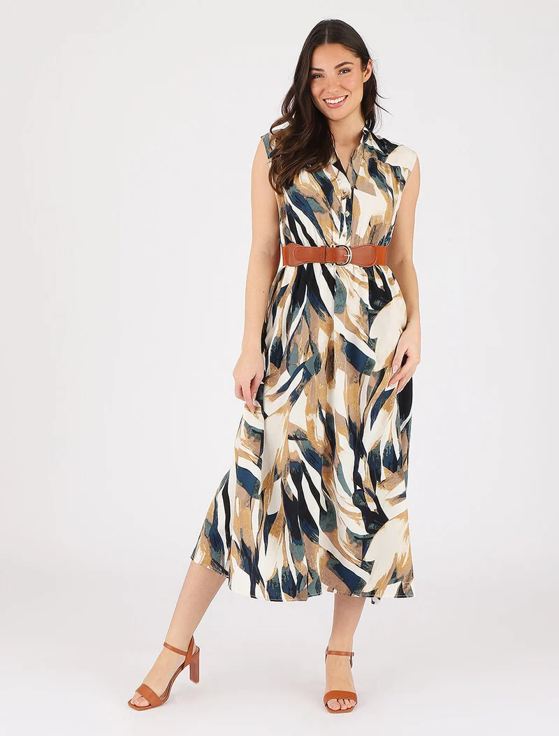 Ausgestelltes Kleid mit abstraktem Print und Knöpfen - Entenblau