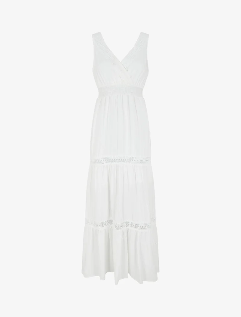 Langes, einfarbiges, durchbrochenes Kleid - Weiß