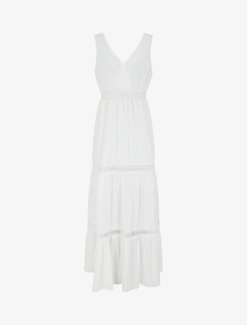 Langes, einfarbiges, durchbrochenes Kleid - Weiß