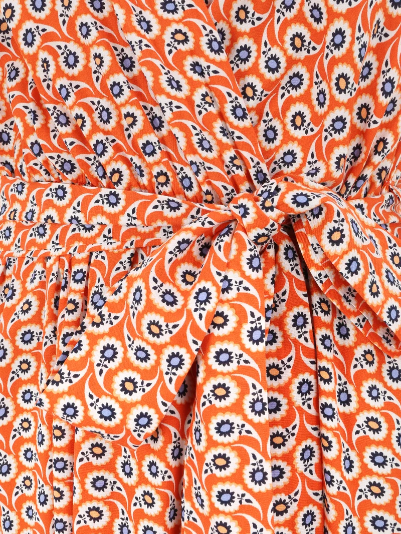 Empire-Langkleid mit Rüschenärmeln und stilisiertem Gänseblümchen-Print. - Orange