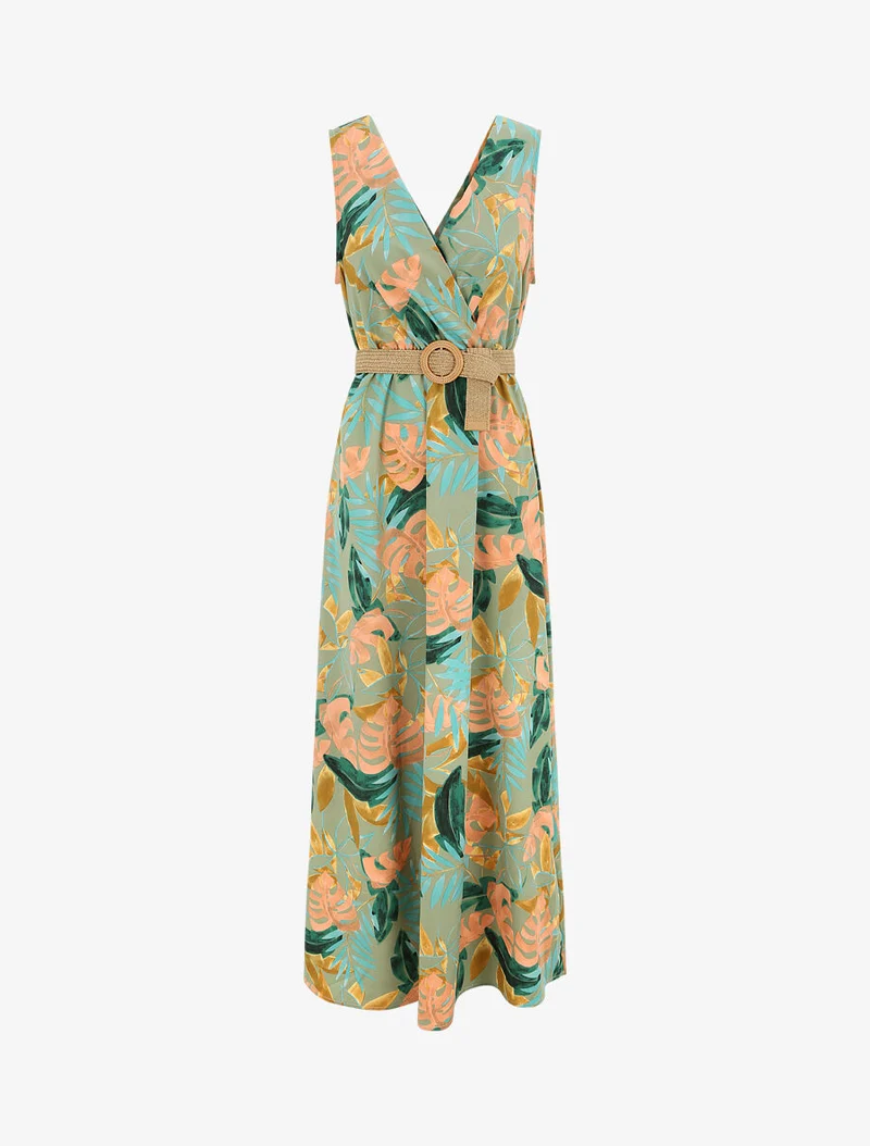 Ärmelloses langes Empire-Kleid mit tropischem Print - Olivgrün