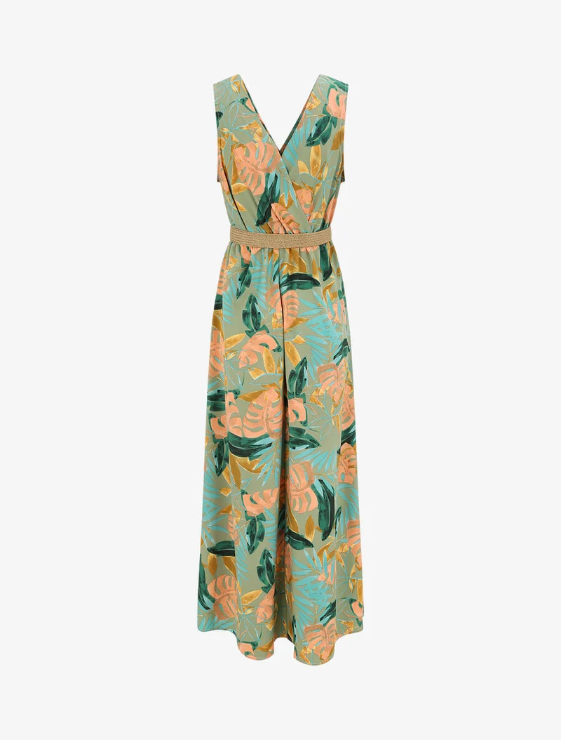Ärmelloses langes Empire-Kleid mit tropischem Print - Olivgrün