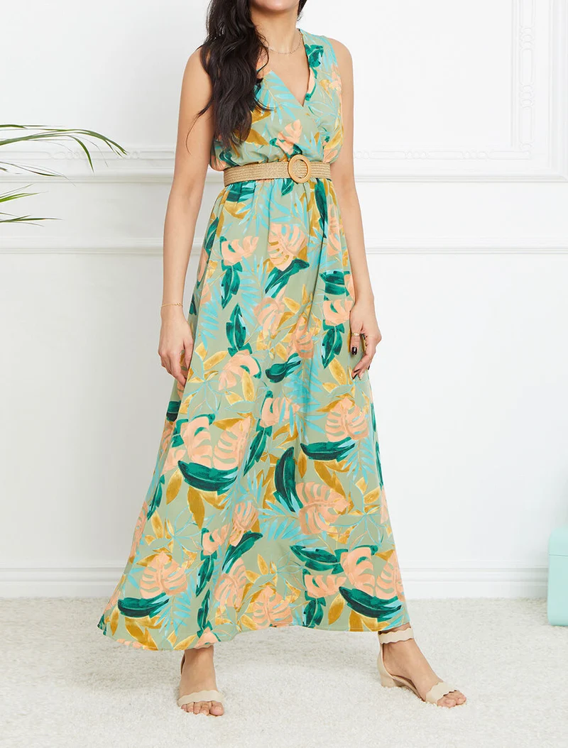 Ärmelloses langes Empire-Kleid mit tropischem Print - Olivgrün