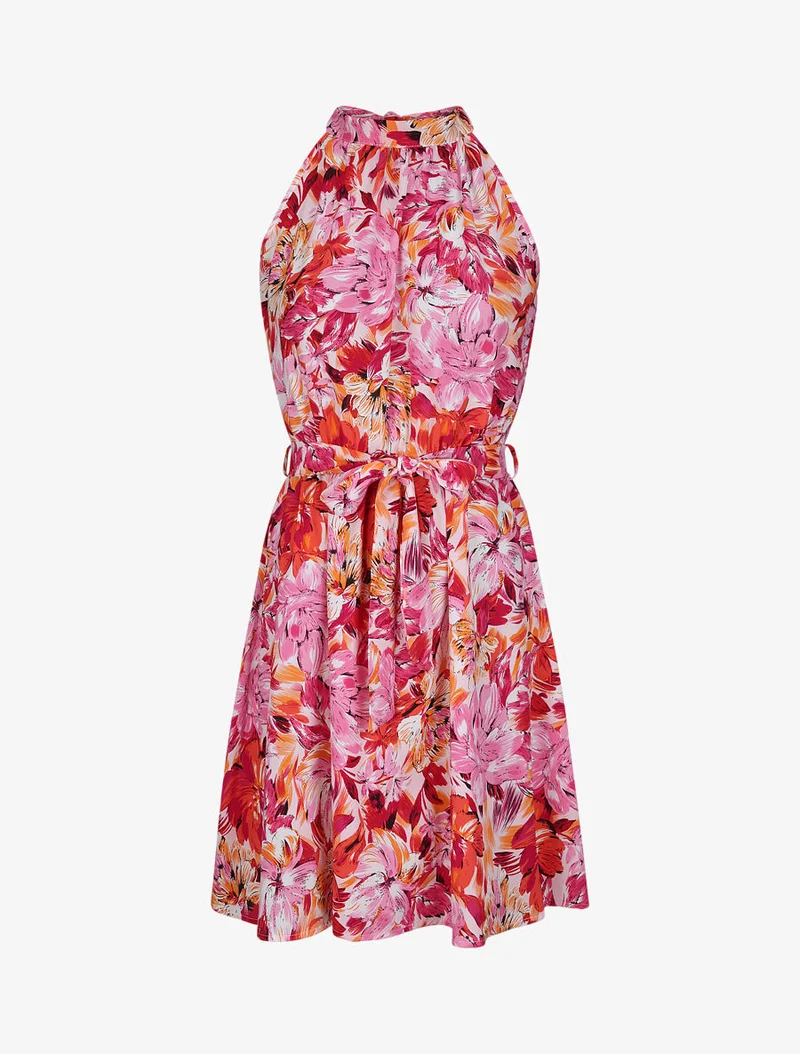 Tailliertes Kleid mit großem Blumenmuster und amerikanischem Kragen - Rose