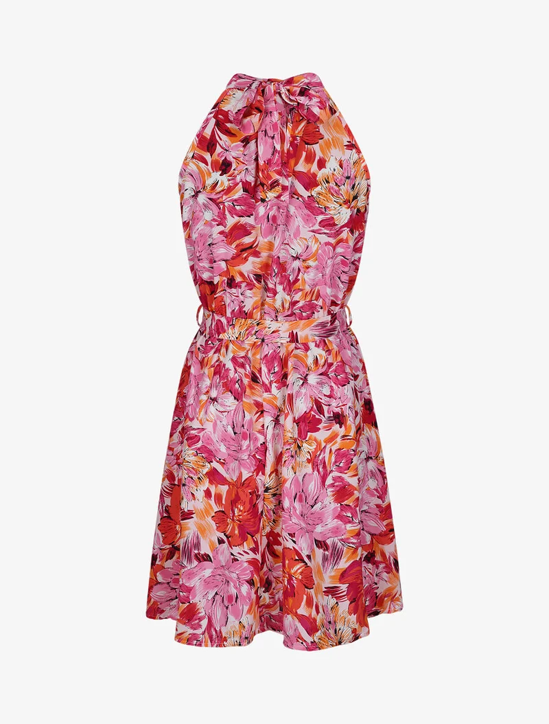 Tailliertes Kleid mit großem Blumenmuster und amerikanischem Kragen - Rose
