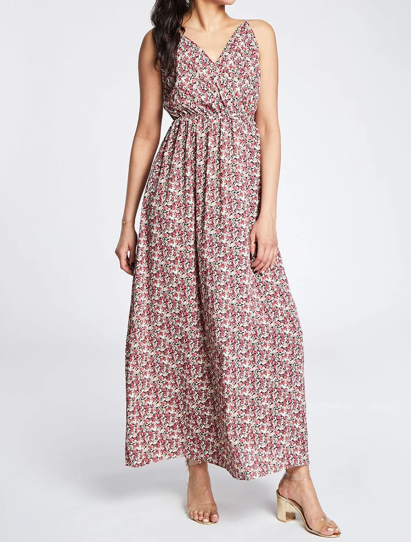 Empire Maxikleid mit Blumenmuster und schmalen Trägern - Schwarz
