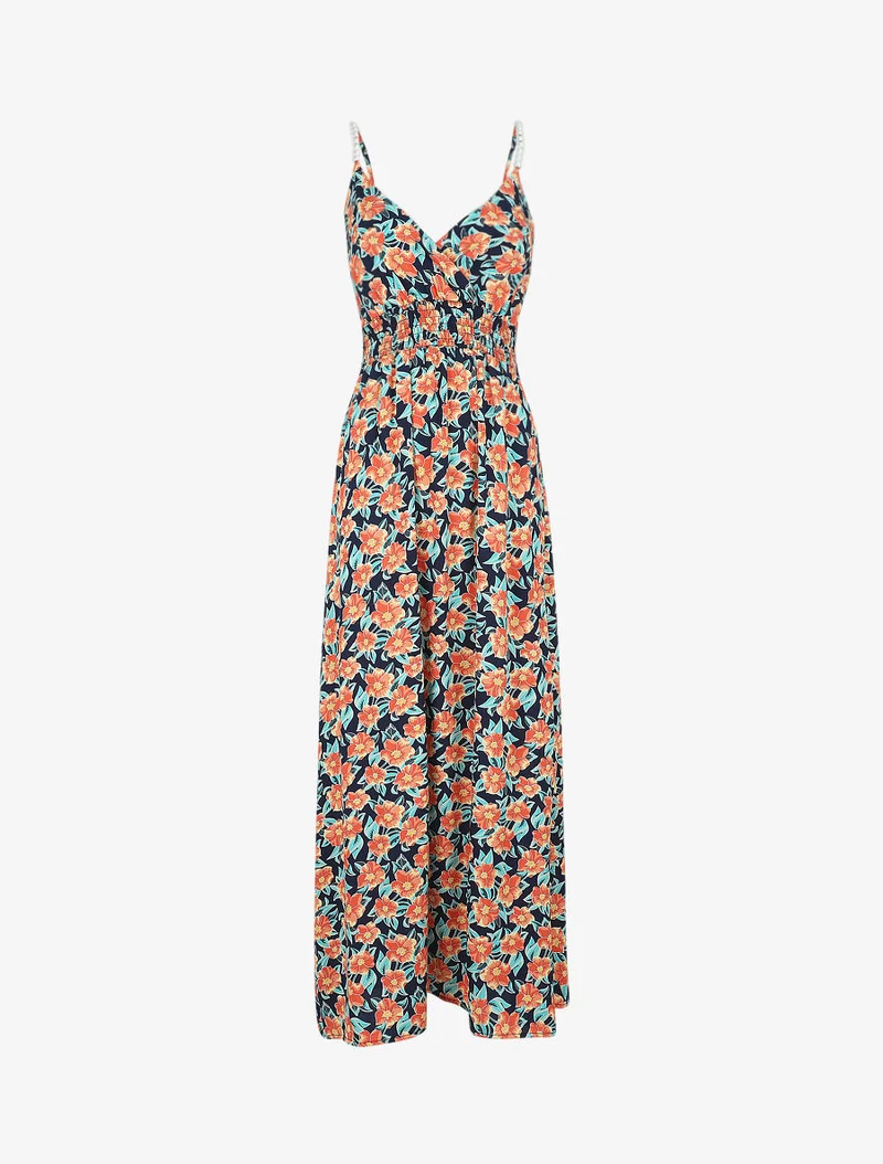 Langes Empire-Kleid mit tropischem Blumenmuster und Trägern mit Perlen. - Marine