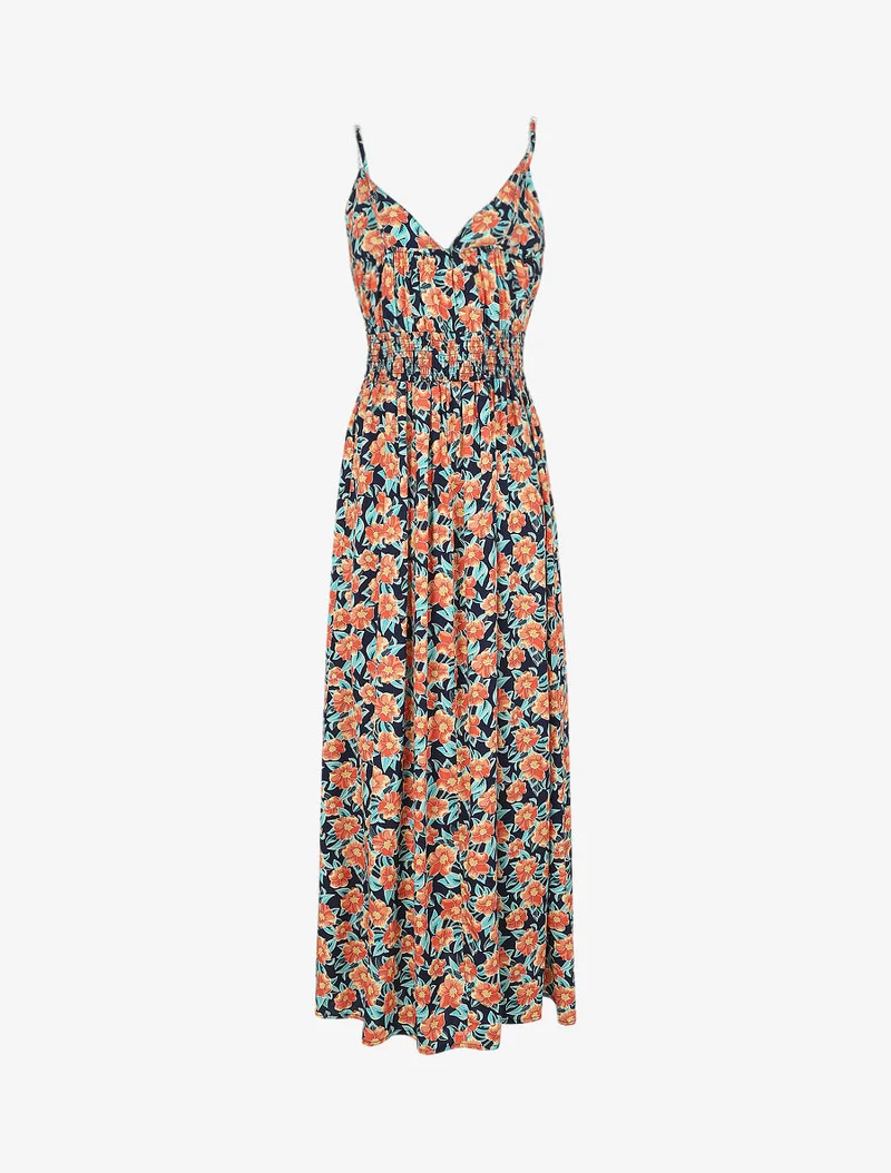 Langes Empire-Kleid mit tropischem Blumenmuster und Trägern mit Perlen. - Marine