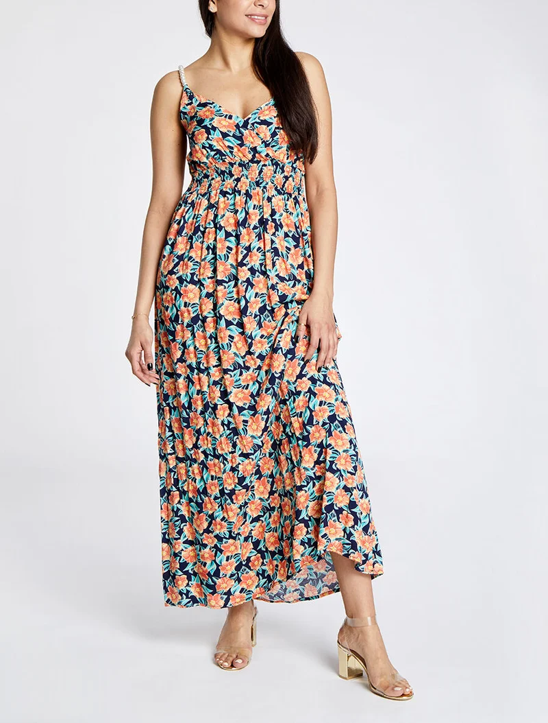 Langes Empire-Kleid mit tropischem Blumenmuster und Trägern mit Perlen. - Marine