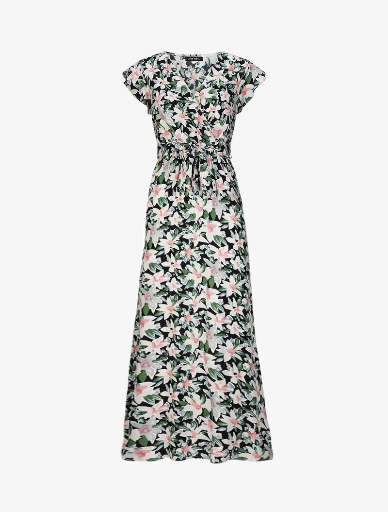 Langes Empire-Kleid mit Rüschen an den Schultern und Blumen-Aquarelldruck. - Schwarz