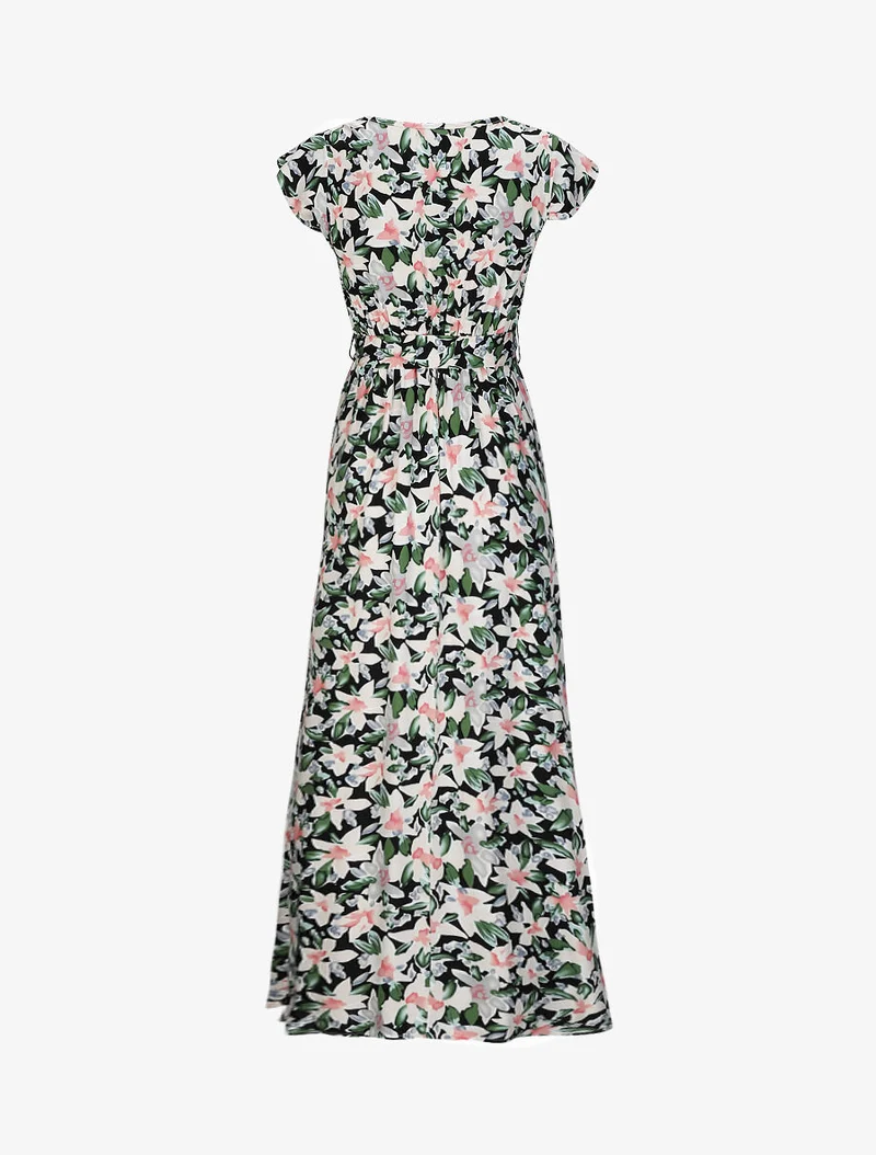 Langes Empire-Kleid mit Rüschen an den Schultern und Blumen-Aquarelldruck. - Schwarz