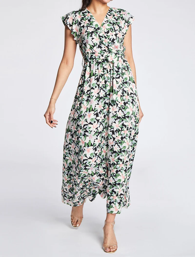 Langes Empire-Kleid mit Rüschen an den Schultern und Blumen-Aquarelldruck. - Schwarz