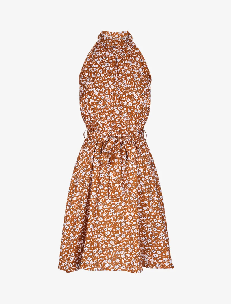 Tailliertes Kleid mit kleinen Blumenmuster und amerikanischem Kragen - Kamel