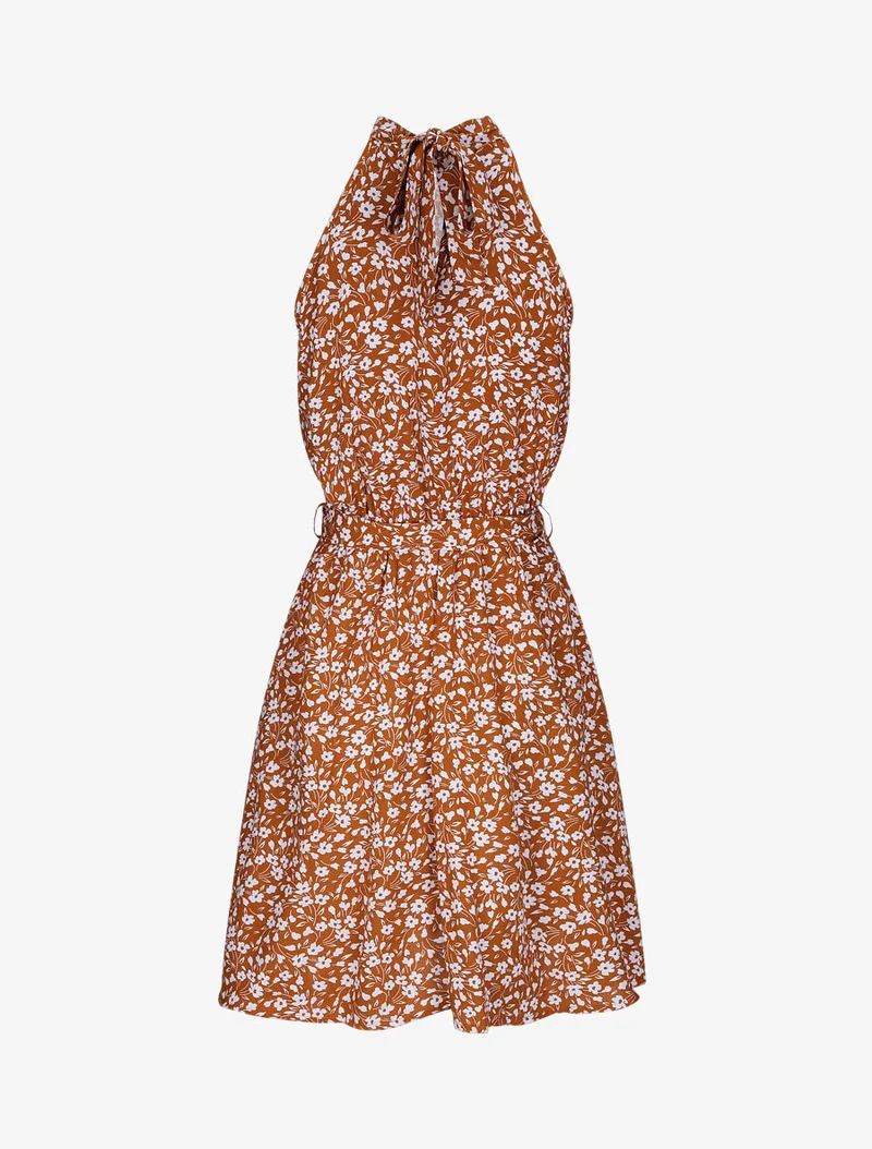 Tailliertes Kleid mit kleinen Blumenmuster und amerikanischem Kragen - Kamel
