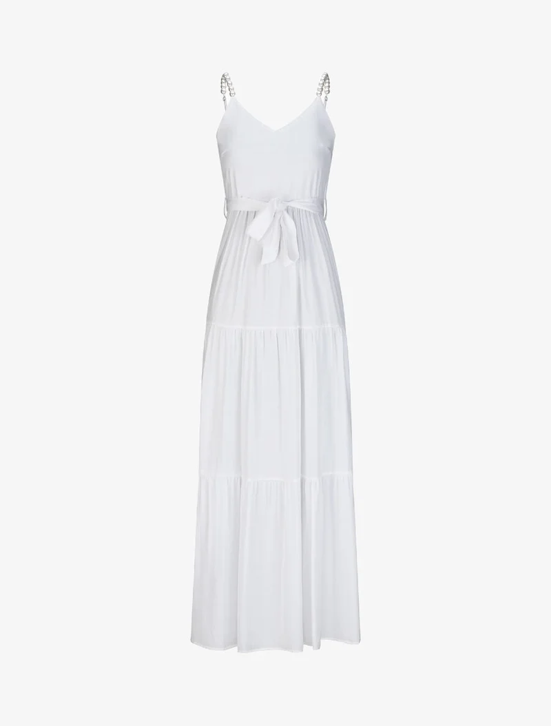 Langes einfarbiges Empire-Kleid mit Trägern und Perlen - Weiß