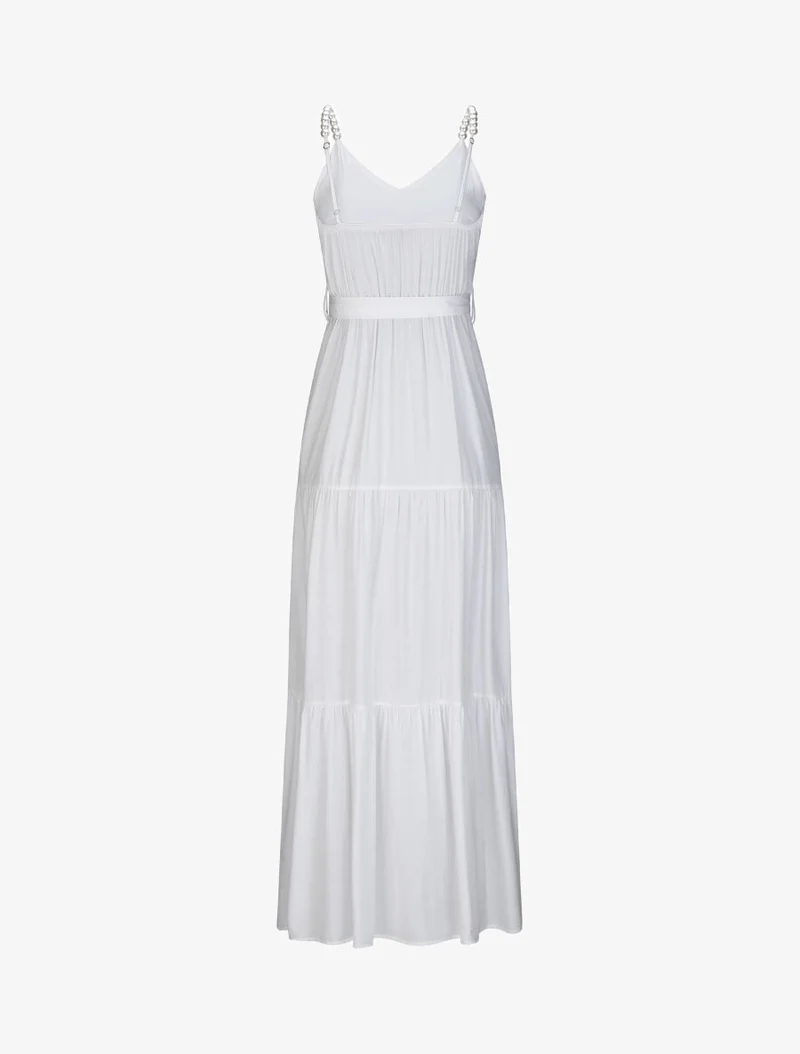 Langes einfarbiges Empire-Kleid mit Trägern und Perlen - Weiß