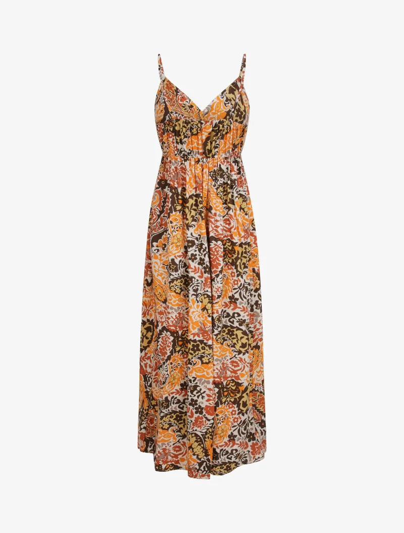 Langes Kleid mit Schaldruck - Beige/Orange