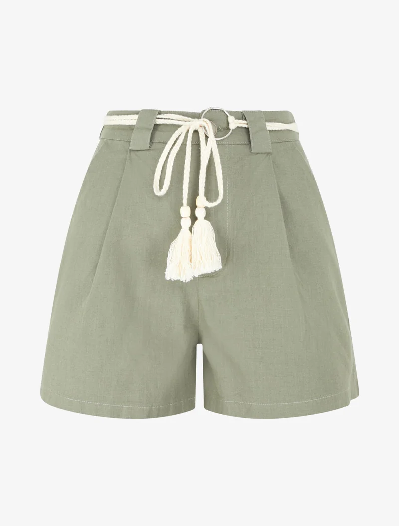 Elastische Shorts in Leinenoptik - Kaki