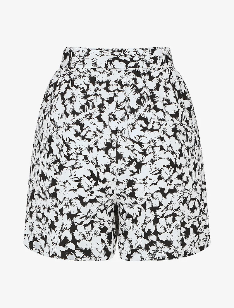 Bedruckte fließende Shorts mit Blumenmuster und Gürtel - Weiß