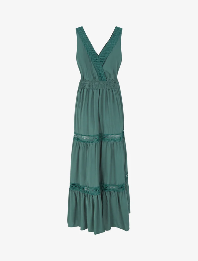 Langes, einfarbiges, durchbrochenes Kleid - Tannengrün