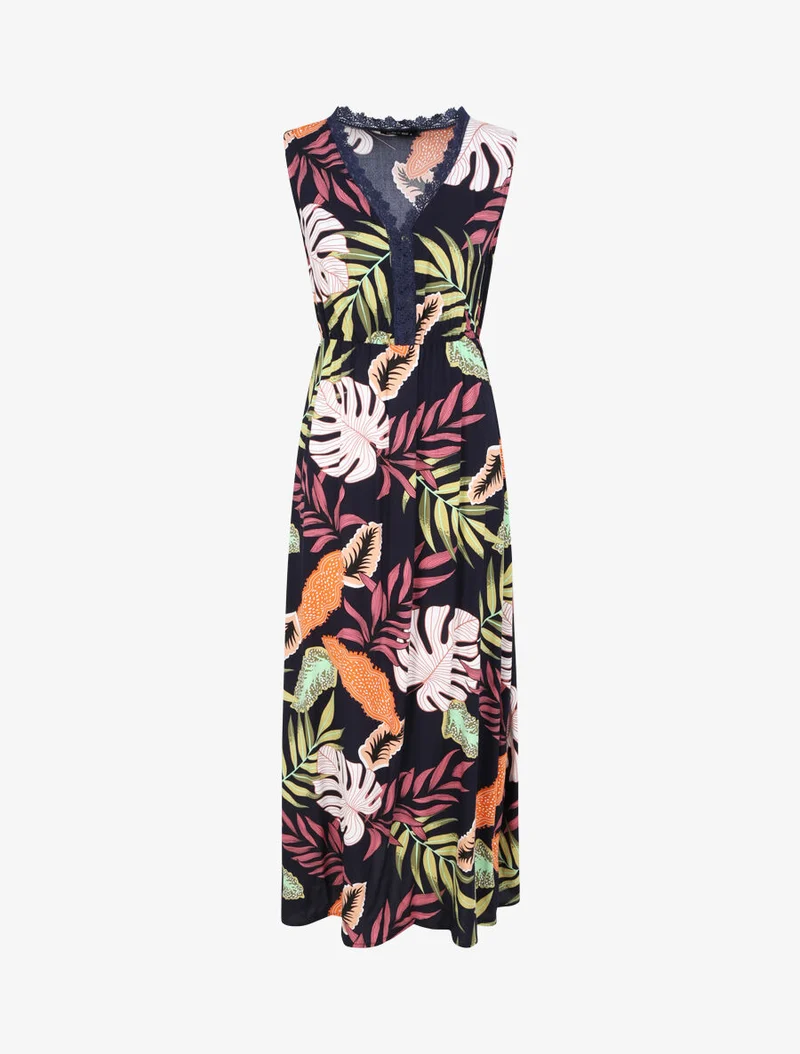 Langes Kleid aus Baumwolle mit tropischem Blumenmuster - Marine