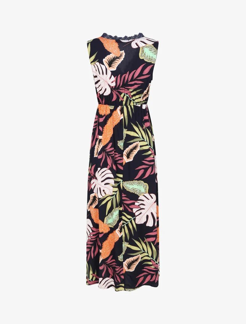 Langes Kleid aus Baumwolle mit tropischem Blumenmuster - Marine