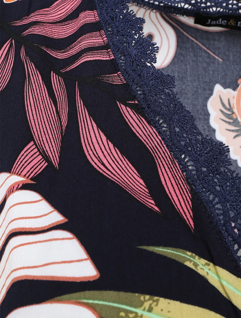 Langes Kleid aus Baumwolle mit tropischem Blumenmuster - Marine