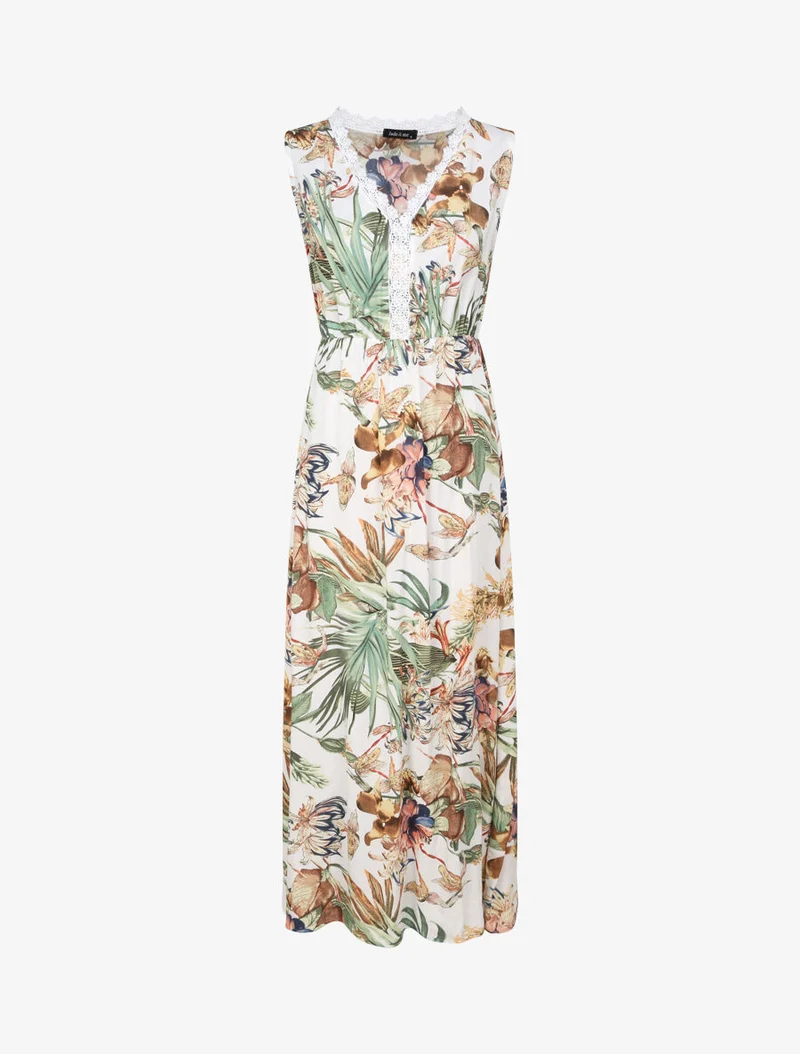 Langes Kleid aus Baumwolle mit tropischem Blumenmuster - Weiß