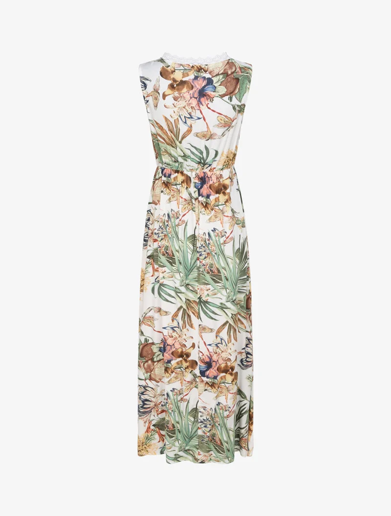Langes Kleid aus Baumwolle mit tropischem Blumenmuster - Weiß