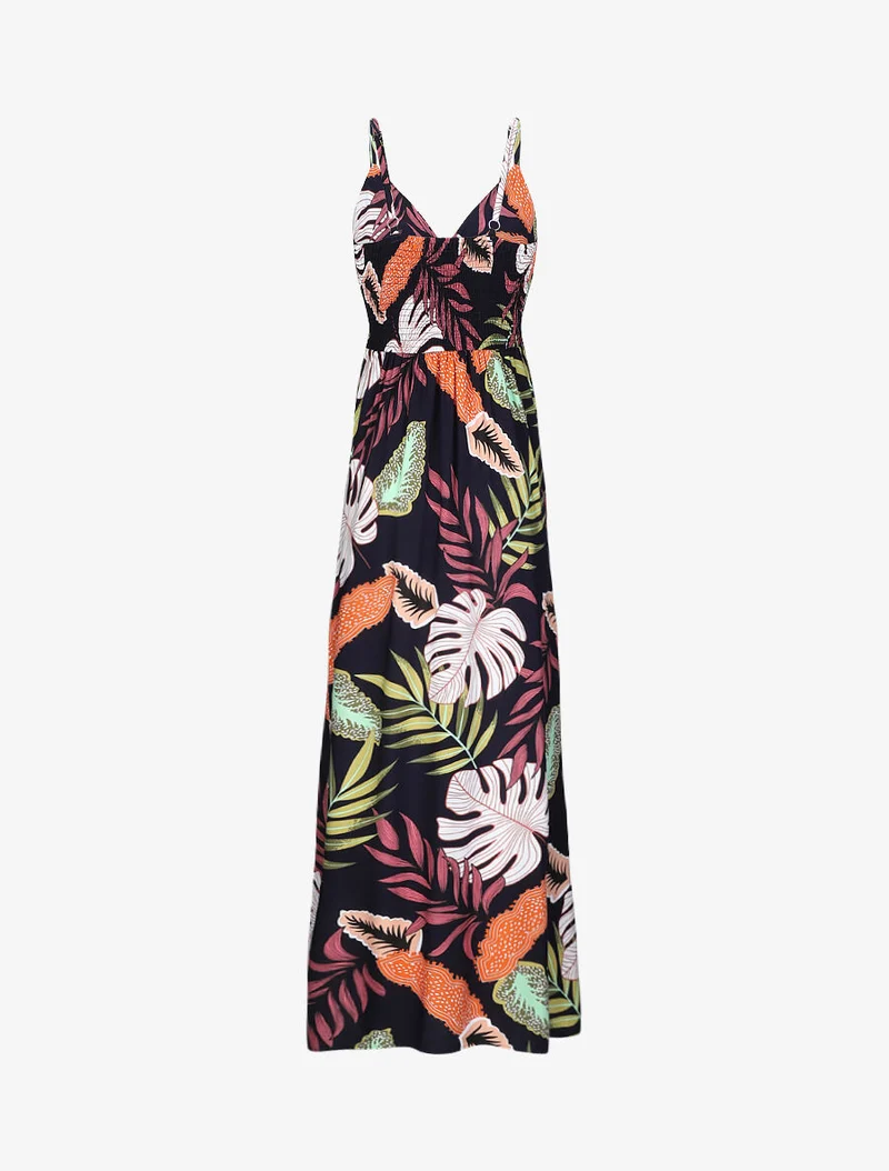 Langes Empire-Kleid mit tropischem Pflanzenmuster und Trägern - Marine
