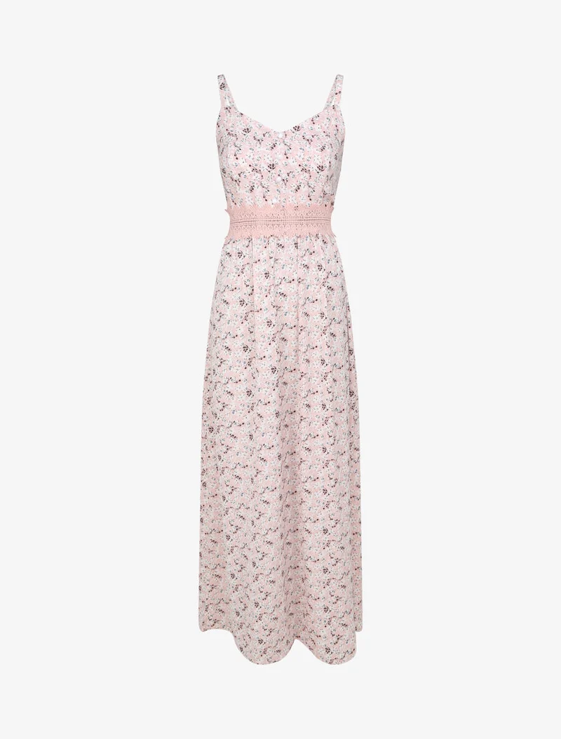 Langes Kleid mit kleinen Blumen und dekorativen Knöpfen bedruckt - Rose