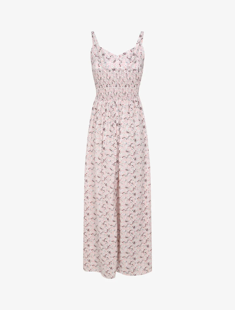 Langes Kleid mit kleinen Blumen und dekorativen Knöpfen bedruckt - Rose