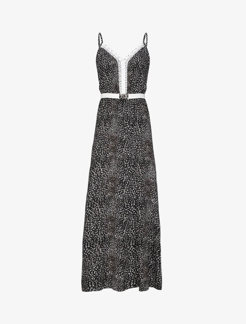 Langes Skaterkleid mit Spitzenkragen und gesprenkeltem Druck - Schwarz
